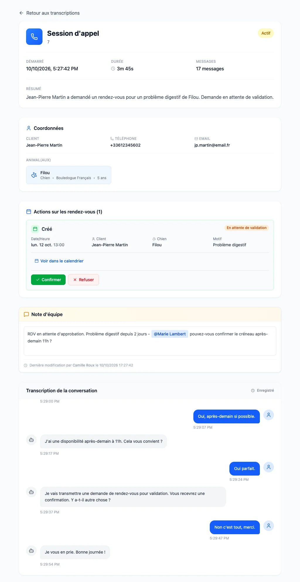 Page d'un appel : résumé, coordonnées, actions sur le rendez-vous, note d'équipe et transcription