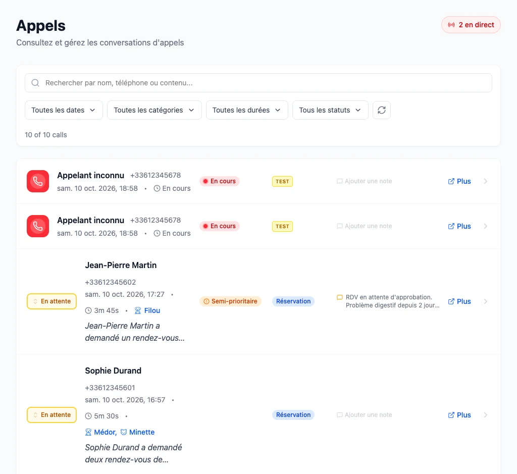 Liste des appels du portail AlloVet avec filtres et résumés